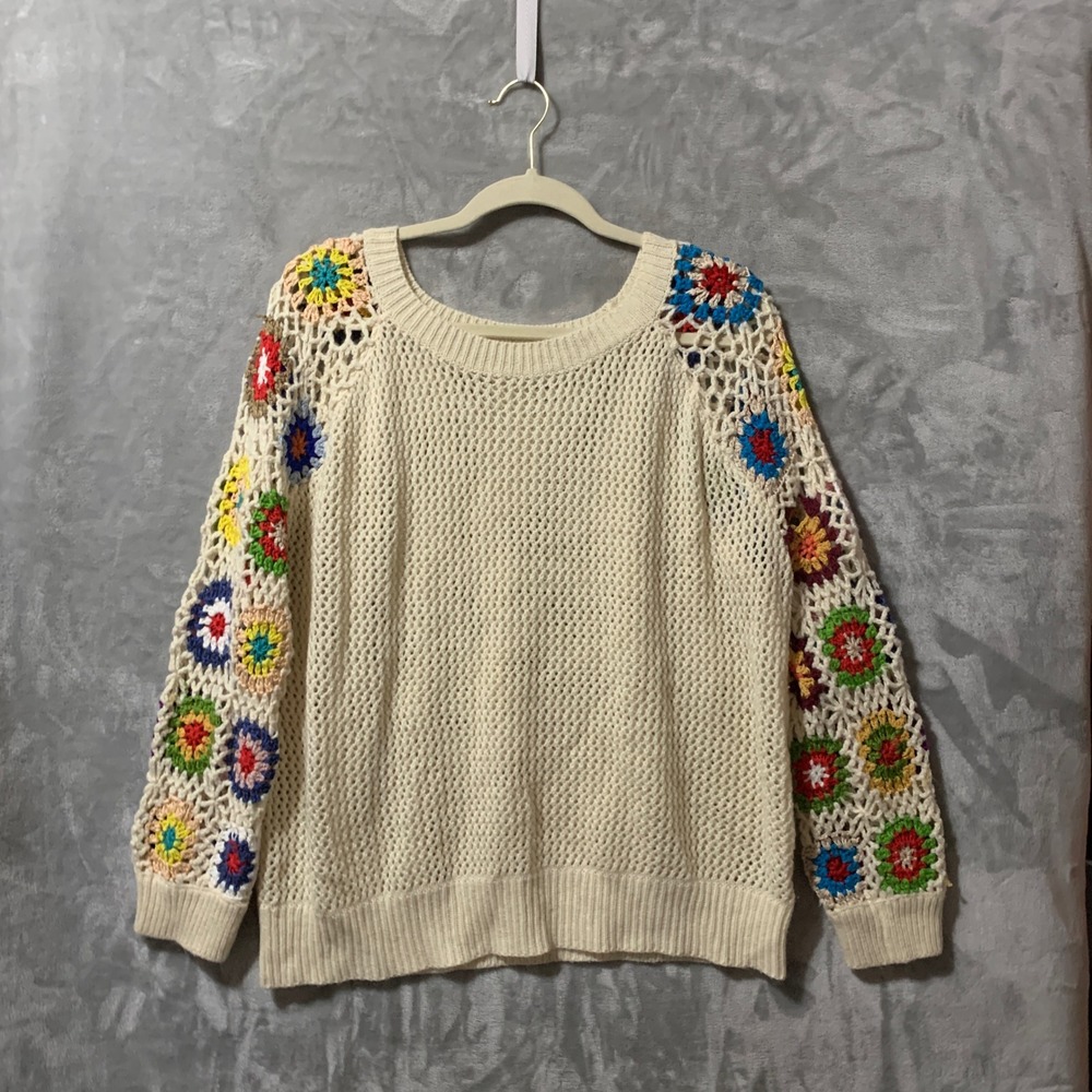 Cottagecore Crochet Granny Square Sleeve Sweater Cream 1XL Shein Curve Knit Flaw